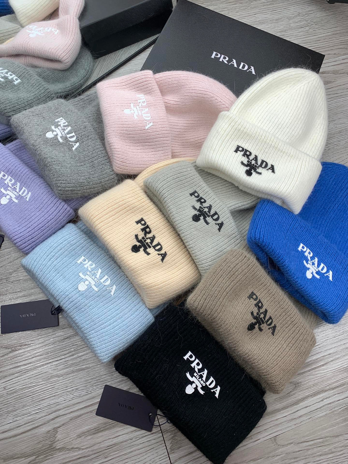 PRADA BEANIE HAT IN PALE GRAY WOOL 108746