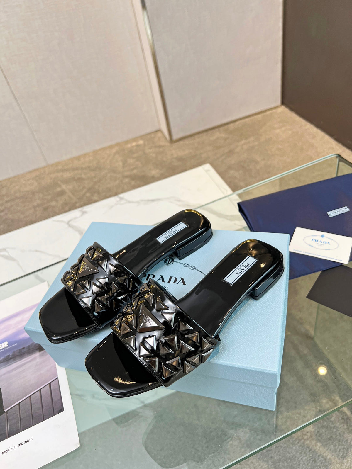 PRADA EMBROIDERED SLIDES FLAT BLACK CALFSKIN