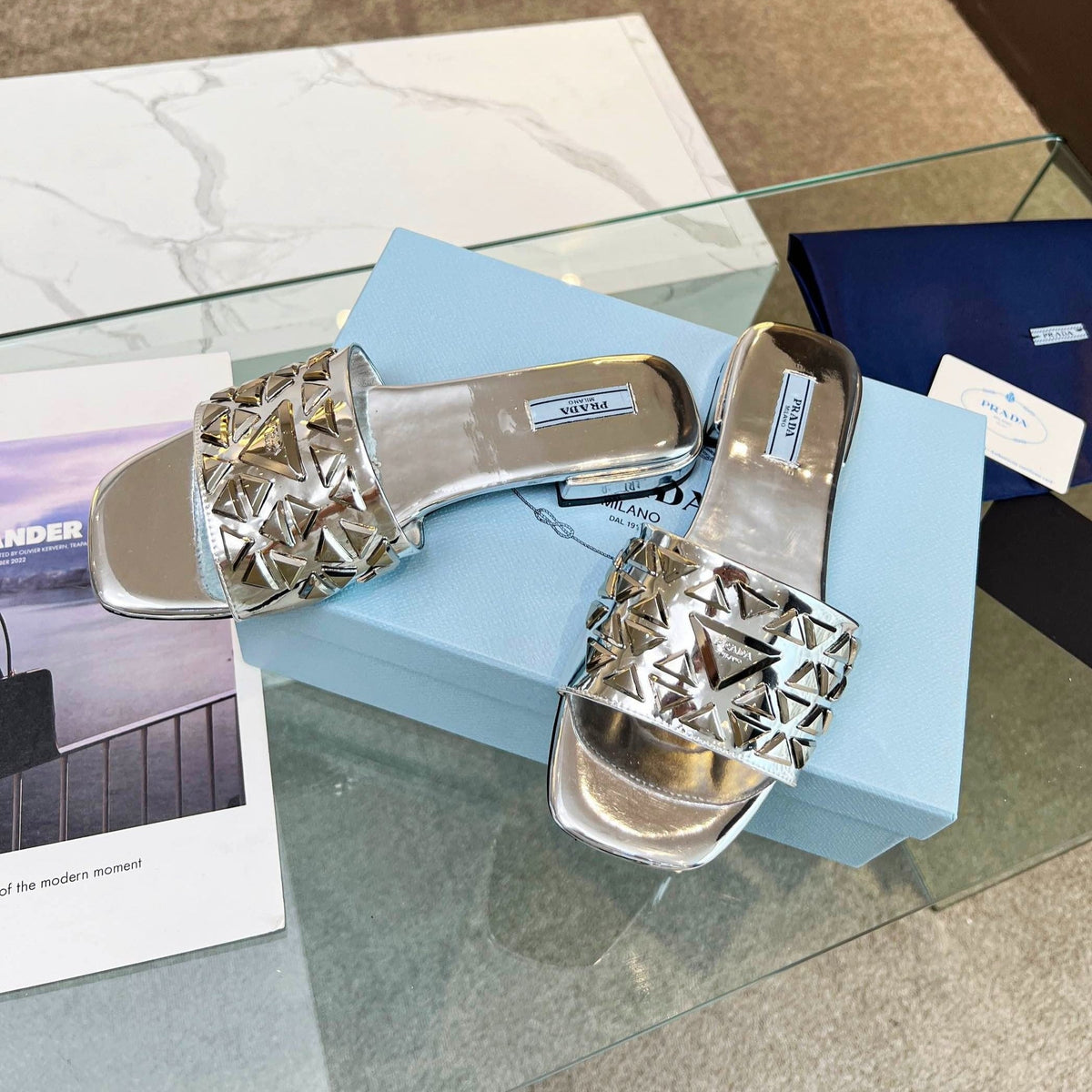 PRADA EMBROIDERED SLIDES FLAT SILVER CALFSKIN