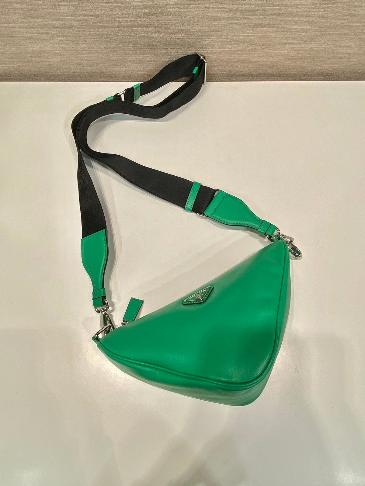 PRADA TRIANGULAR BAG 27 IN GO GREEN SMOOTH LAMBSKIN