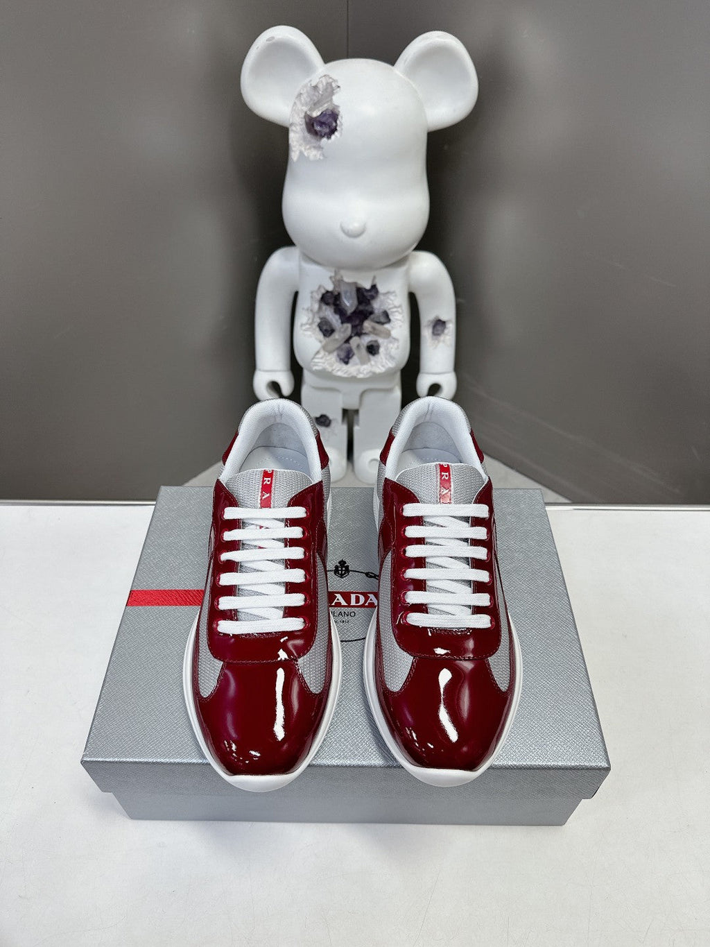 PRADA SNEAKERS IN BURDUNDY RED CALFSKIN AND MESH