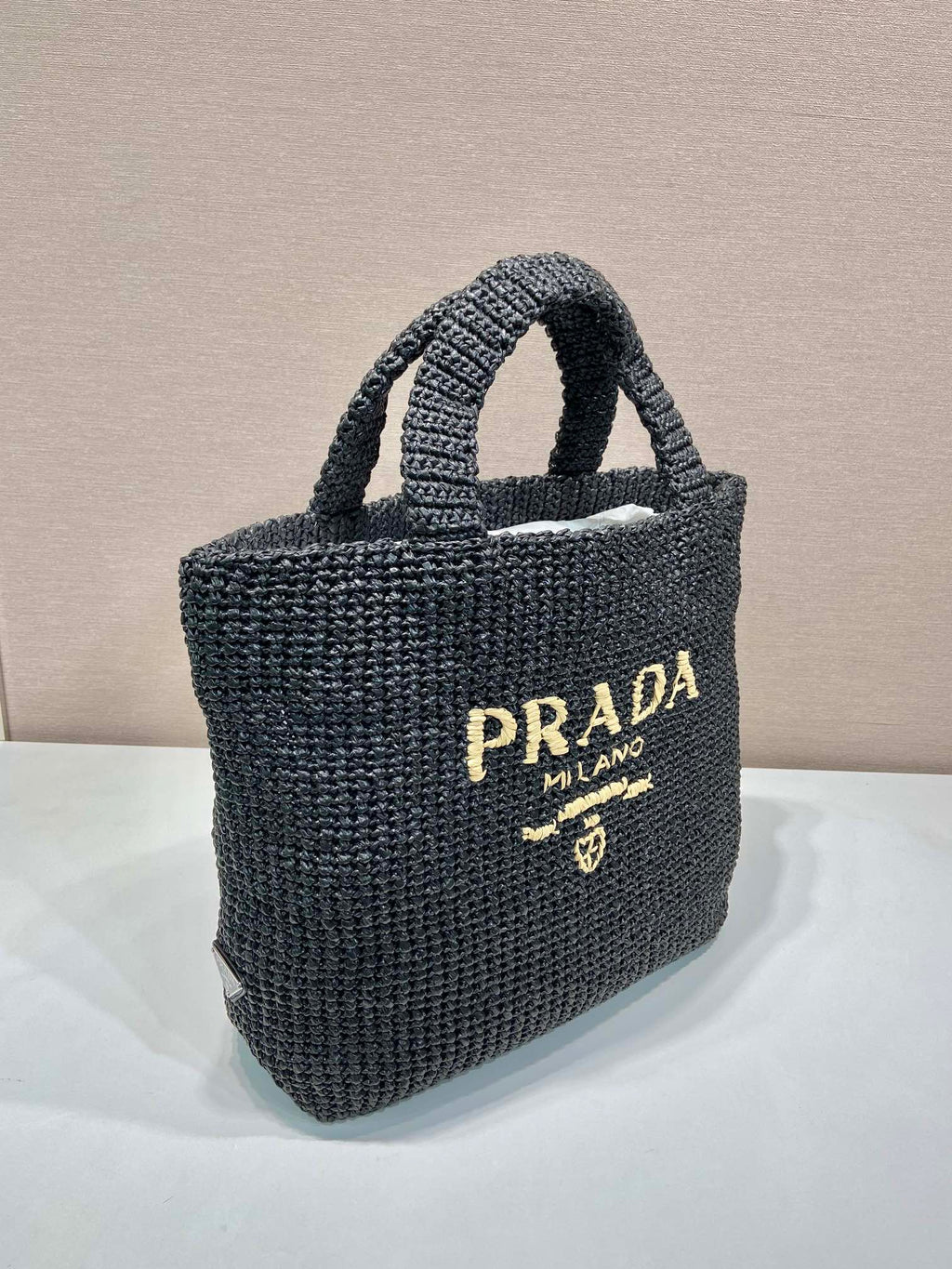 PRADA LARGE CROCHET TOTE BAG 47 IN BLACK MIX YELLOW RAFFIA