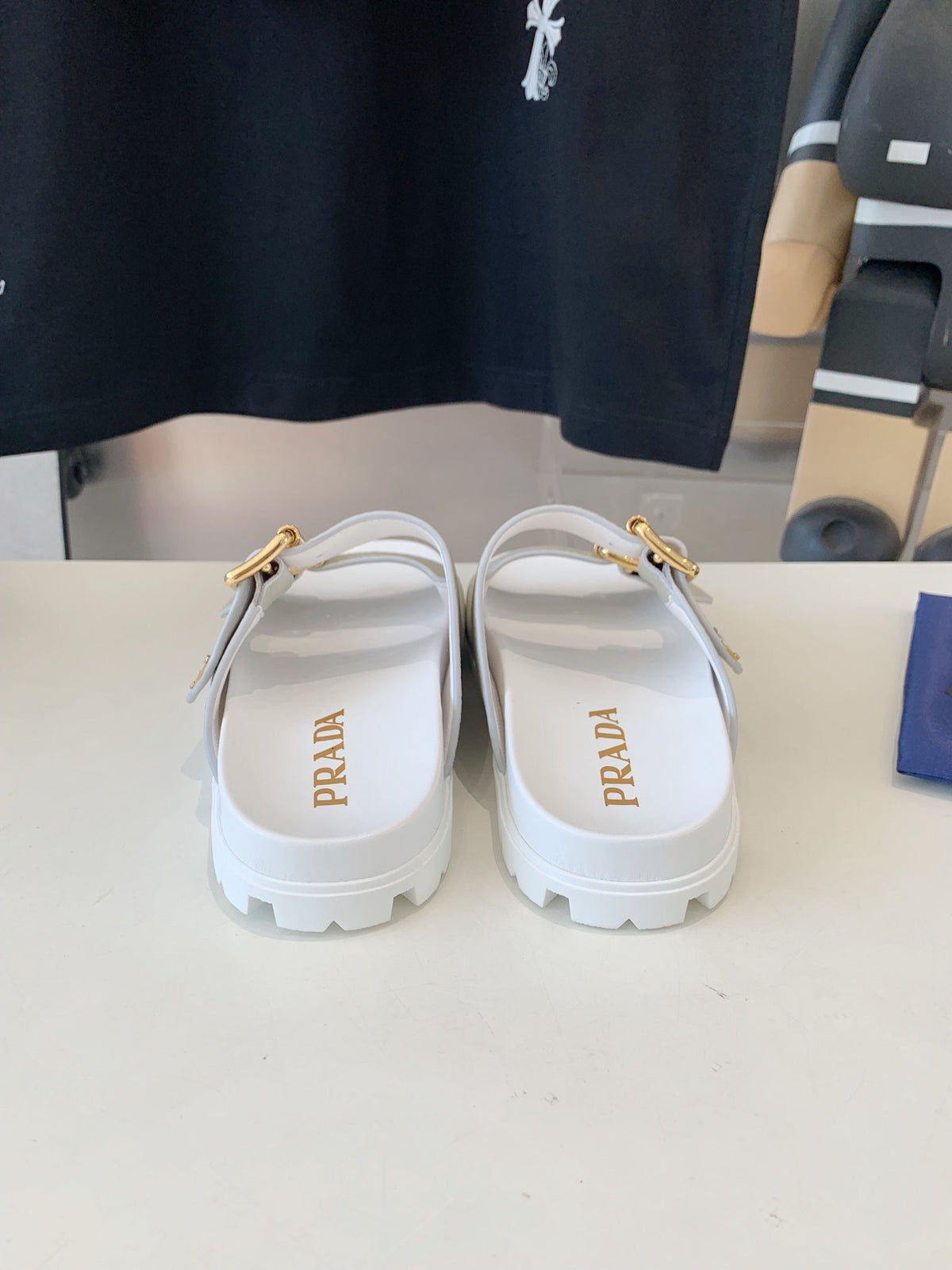 PRADA STRAP SLIDES SANLS WHITE AND LIGHT GRAY SUEDE