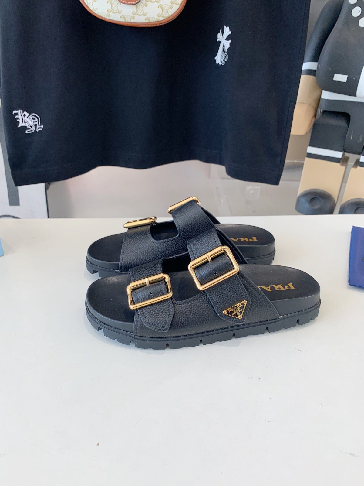 PRADA STRAP SLIDES SANLS BLACK LAMBSKIN