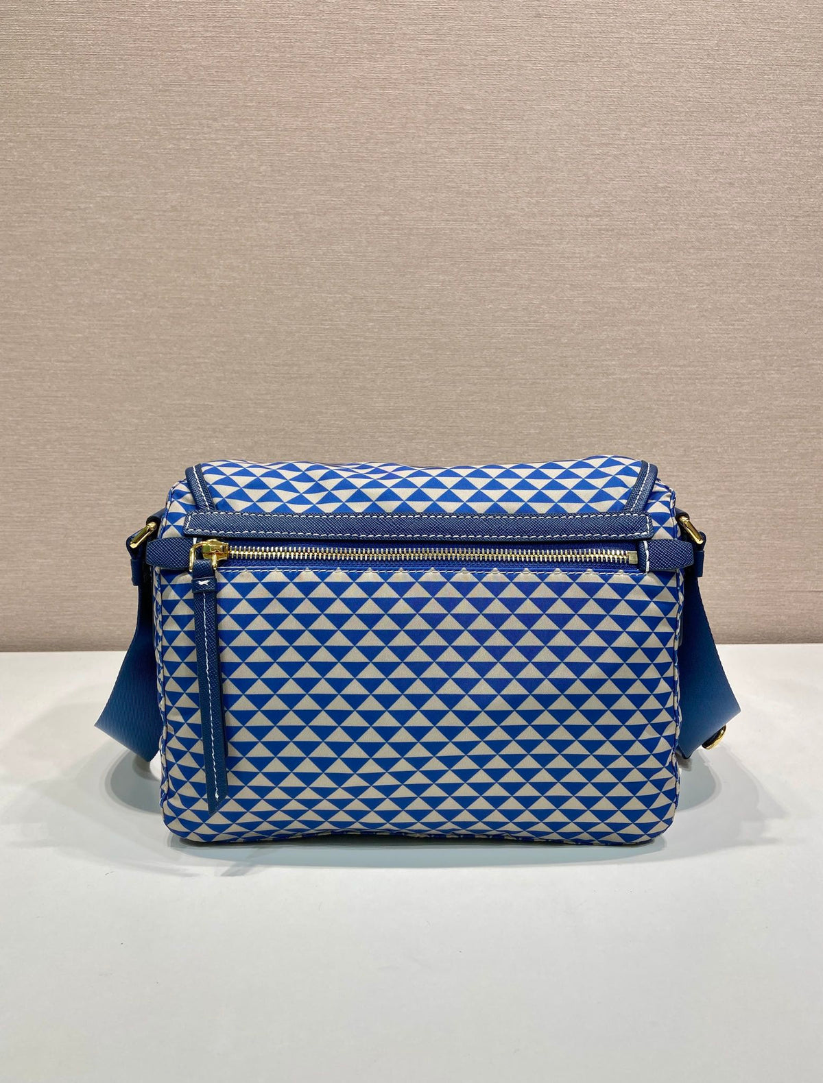 PRADA MESSENGER BAG 25 IN BLUE MIX WHITE TRIANGLE PATTERN EMBROIDERED FABRIC