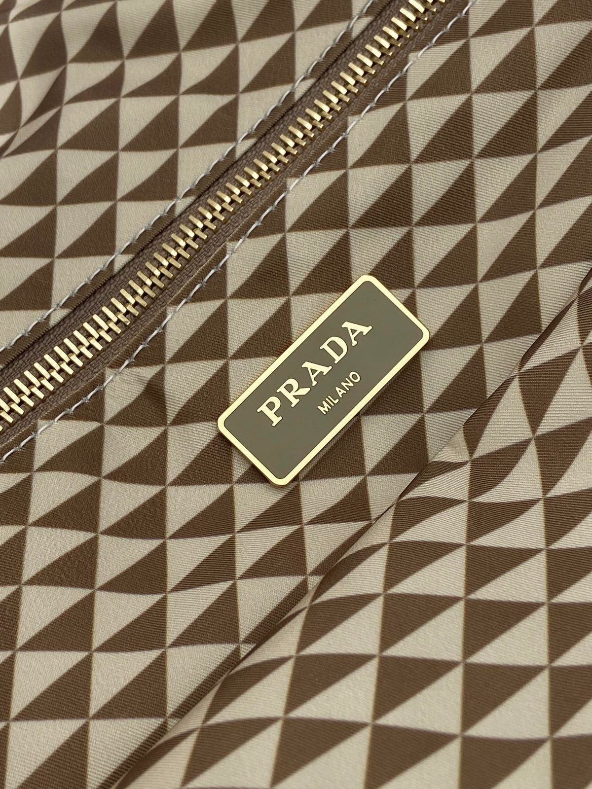 PRADA TOTE BAG 33 IN BROWN MIX CREAM TRIANGLE PATTERN EMBROIDERED FABRIC