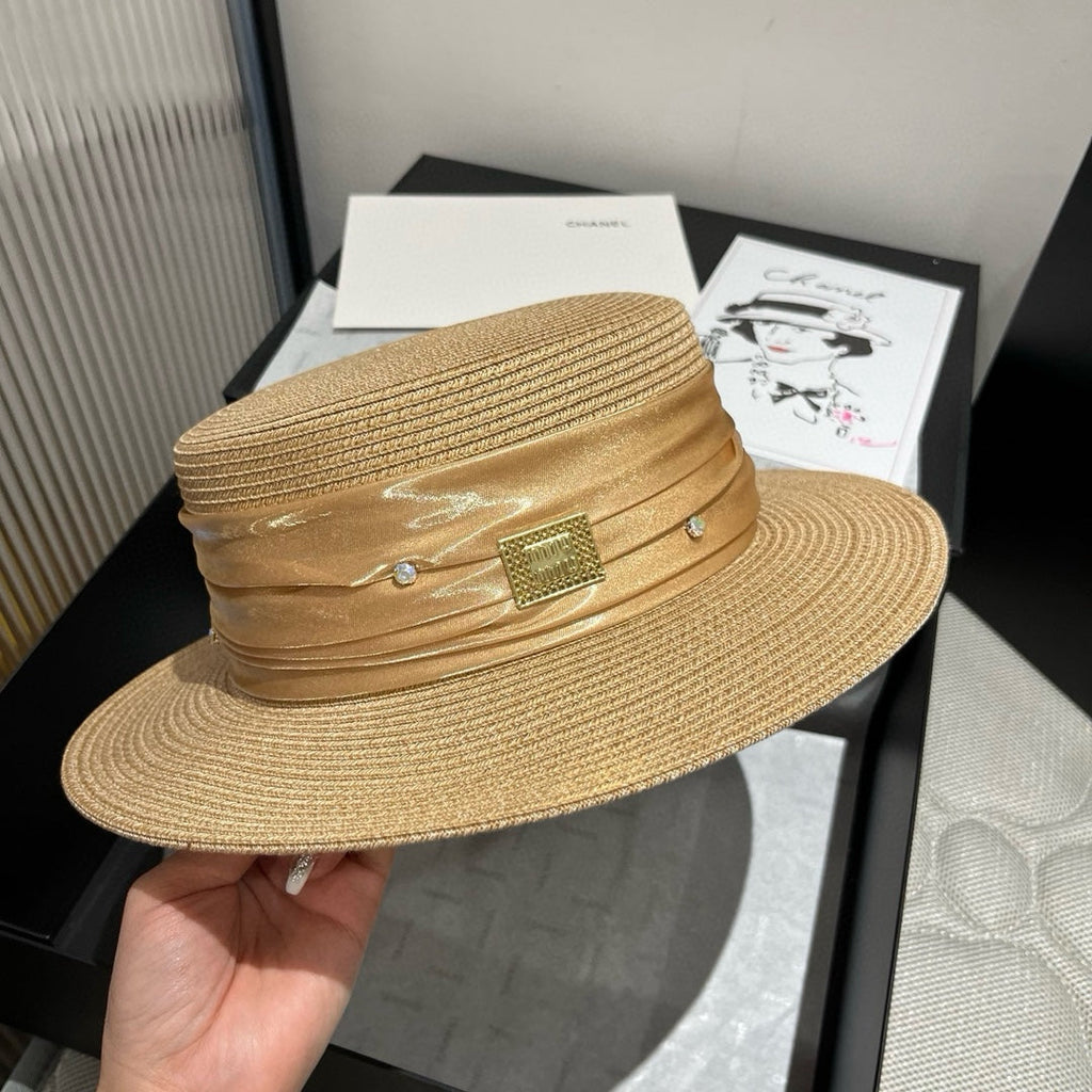 MM STRAW HAT IN BEIGE WITH RHINESTONE EMBELLISHED