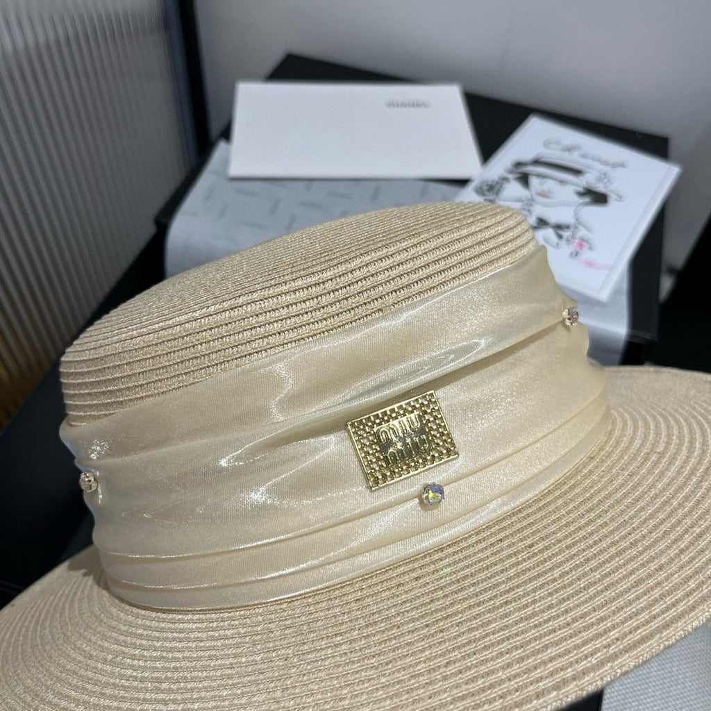 MM STRAW HAT IN LIGHT BEIGE WITH RHINESTONE EMBELLISHED