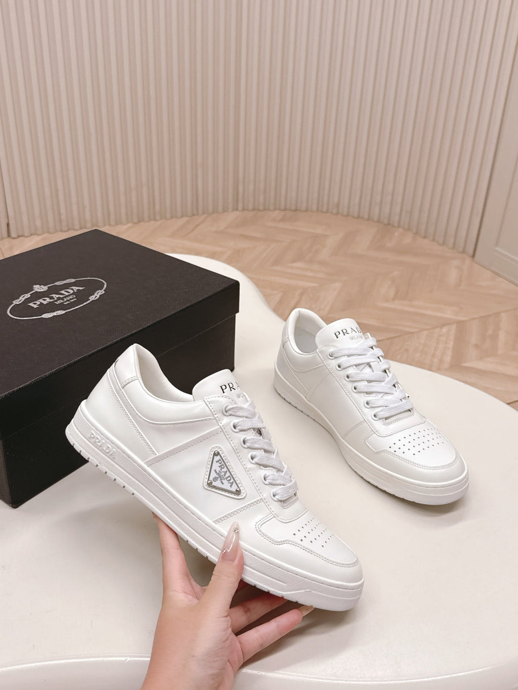 PRADA 25S DOWNTOWN SNEAKERS IN WHITE CALFSKIN SILVER HARDWARE