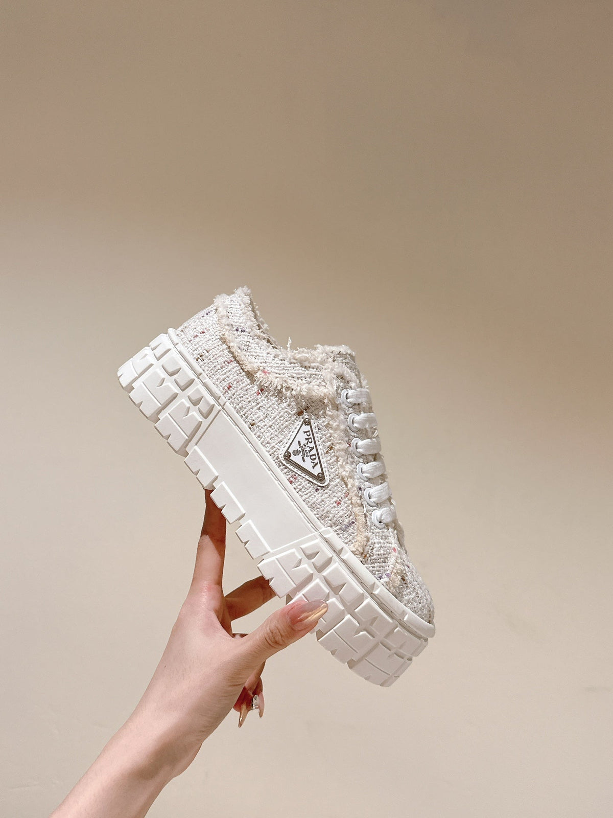 PRADA DOUBLE WHEEL RE-NYLON GABARDINE SNEAKERS BEIGE FABRIC