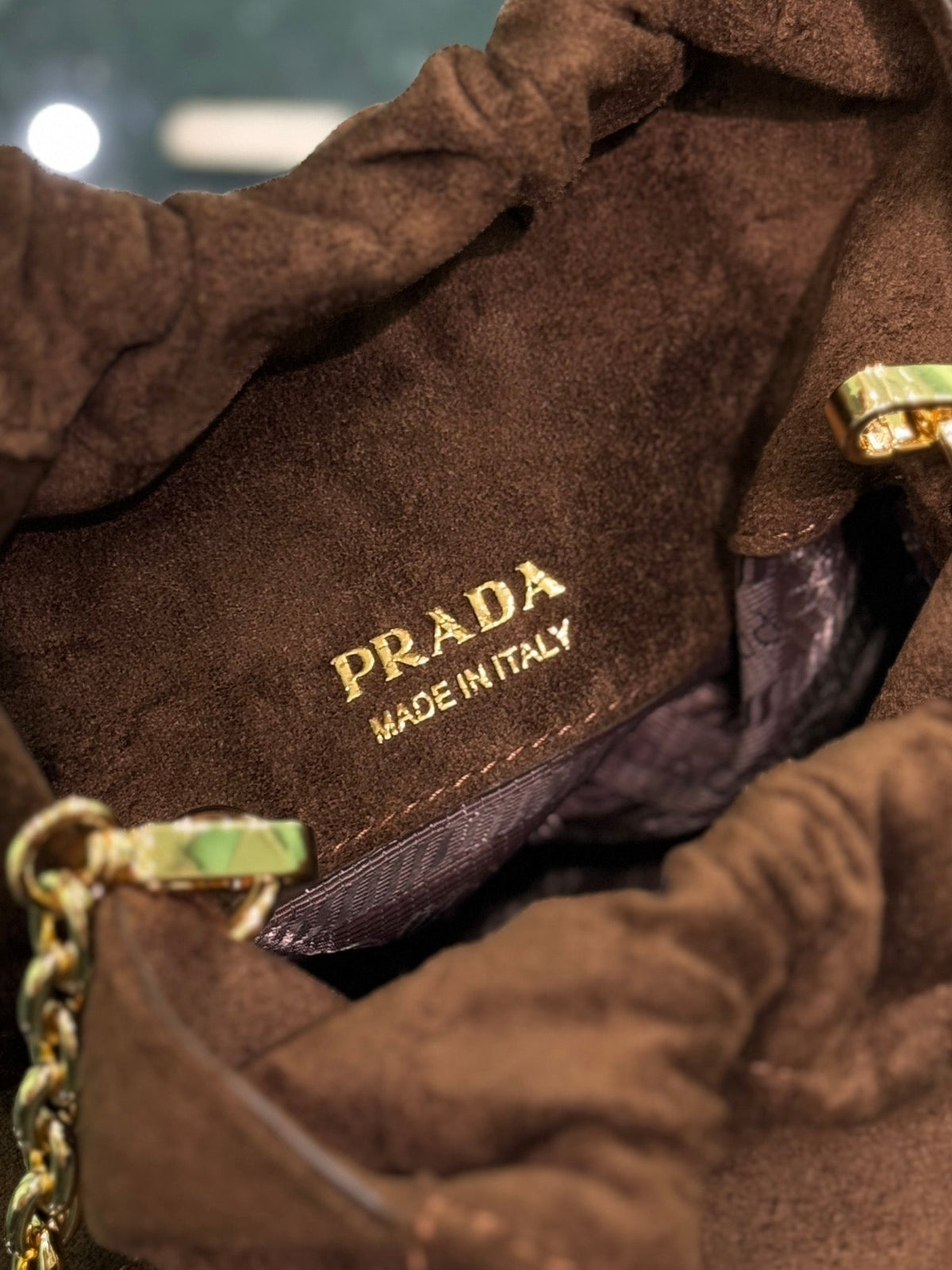 PRADA MINI BUCKET BAG 19 IN CHOCOLATE SOFT SUEDE GOLD HARDWARE