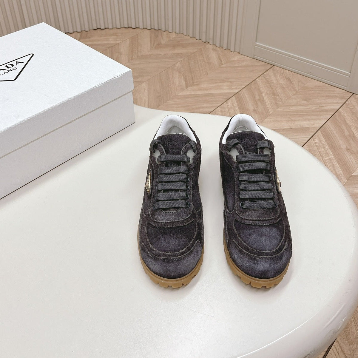 PRADA FADED SUEDE SNEAKERS CHARCOAL