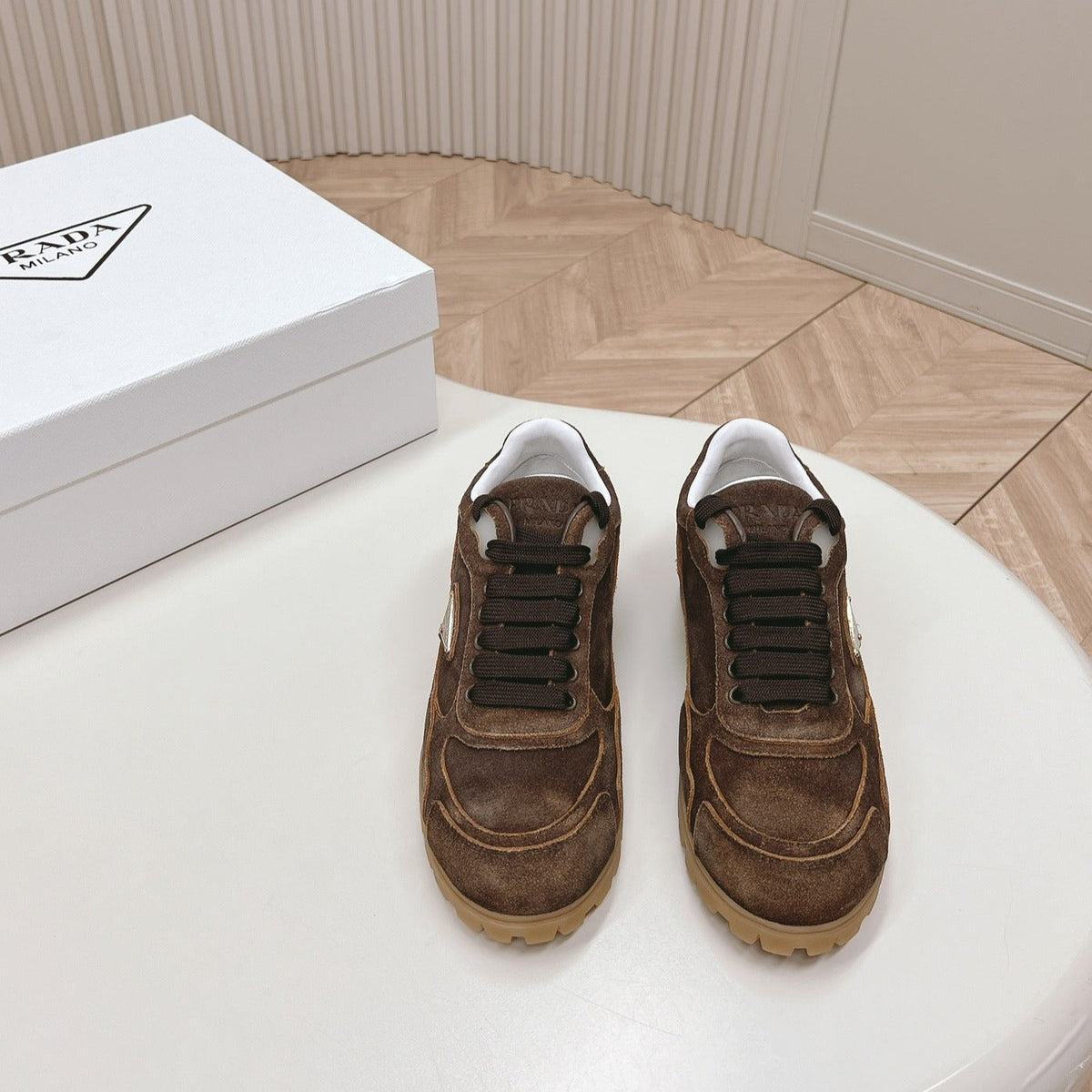 PRADA FADED SUEDE SNEAKERS CHOCOLATE