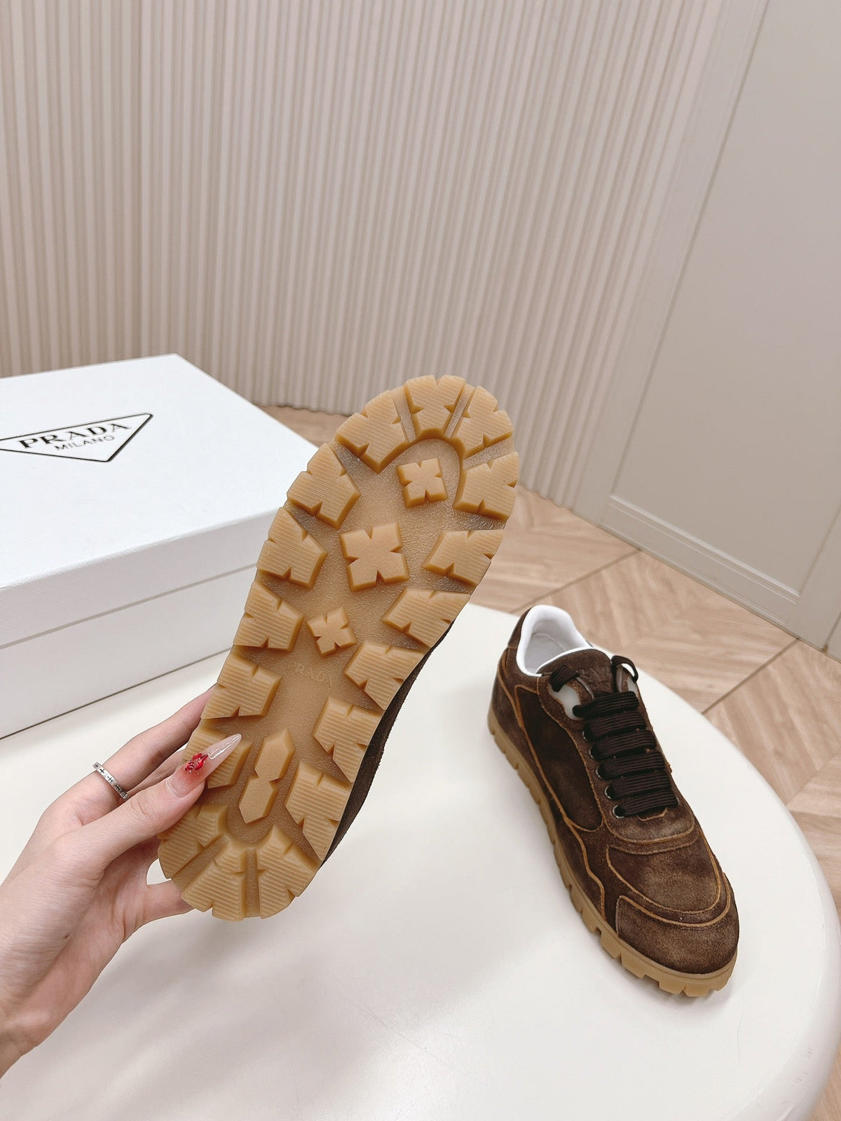 PRADA FADED SUEDE SNEAKERS CHOCOLATE