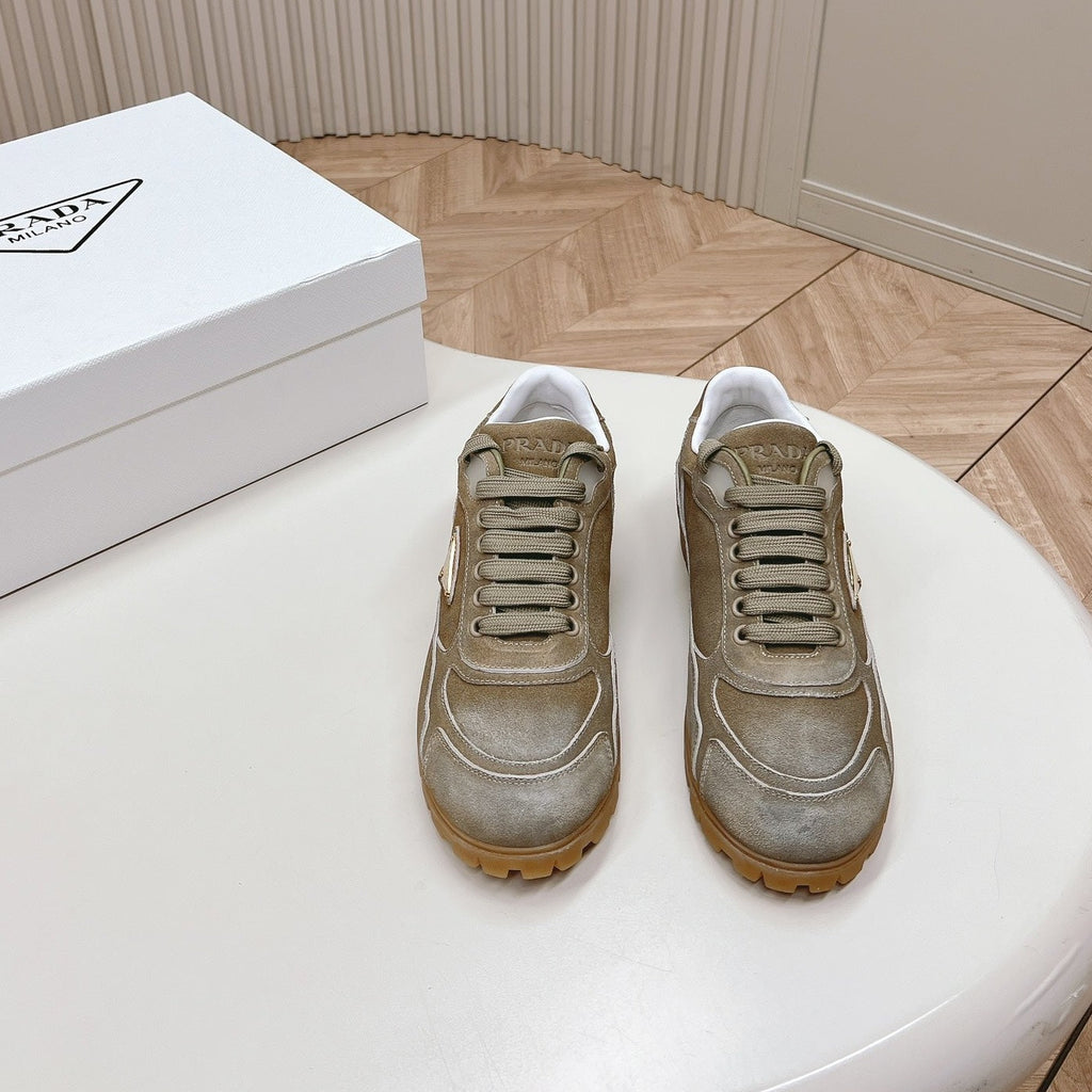 PRADA FADED SUEDE SNEAKERS CARAMEL AND WHITE