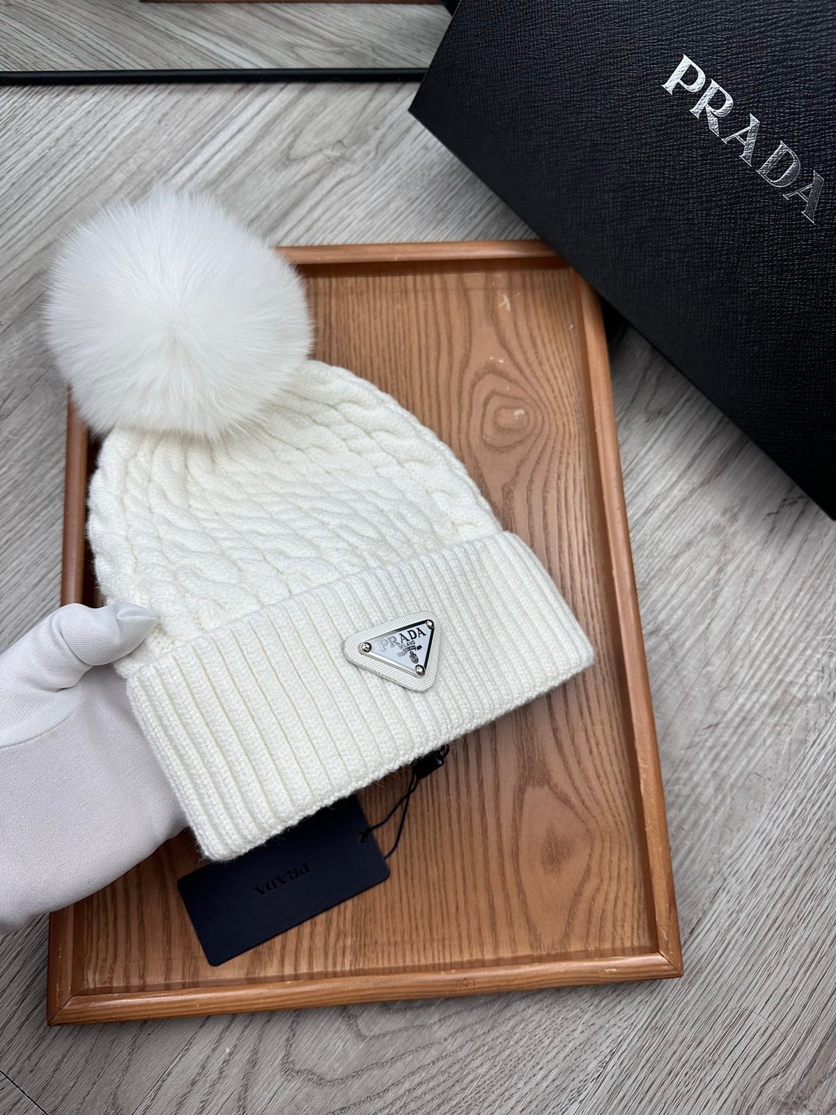 PRADA BEANIE HAT IN WHITE WOOL 352376