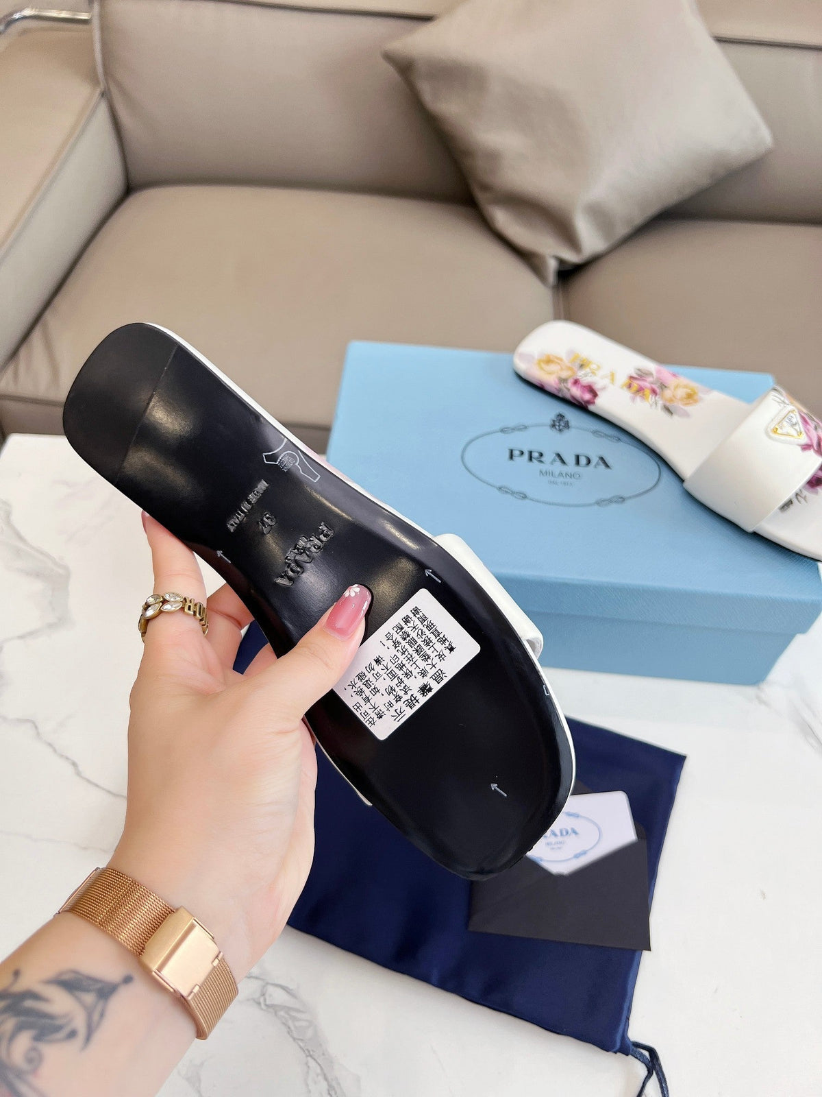 PRADA PRINTED SLIDES SLIPPERS WHITE LAMBSKIN