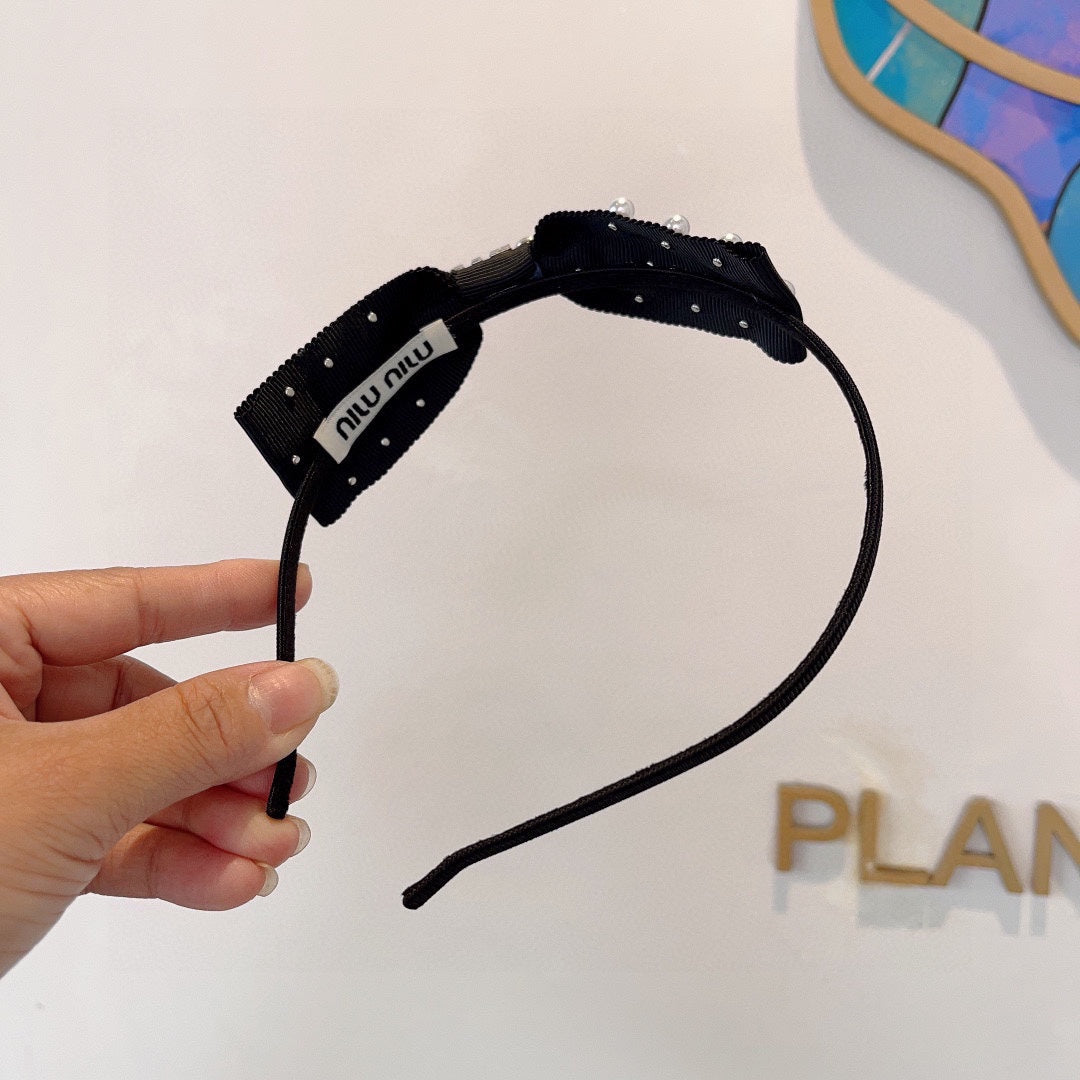 HEADBAND WITH BOW IN BLACK COTTON ATTACHED PEARLS 406039