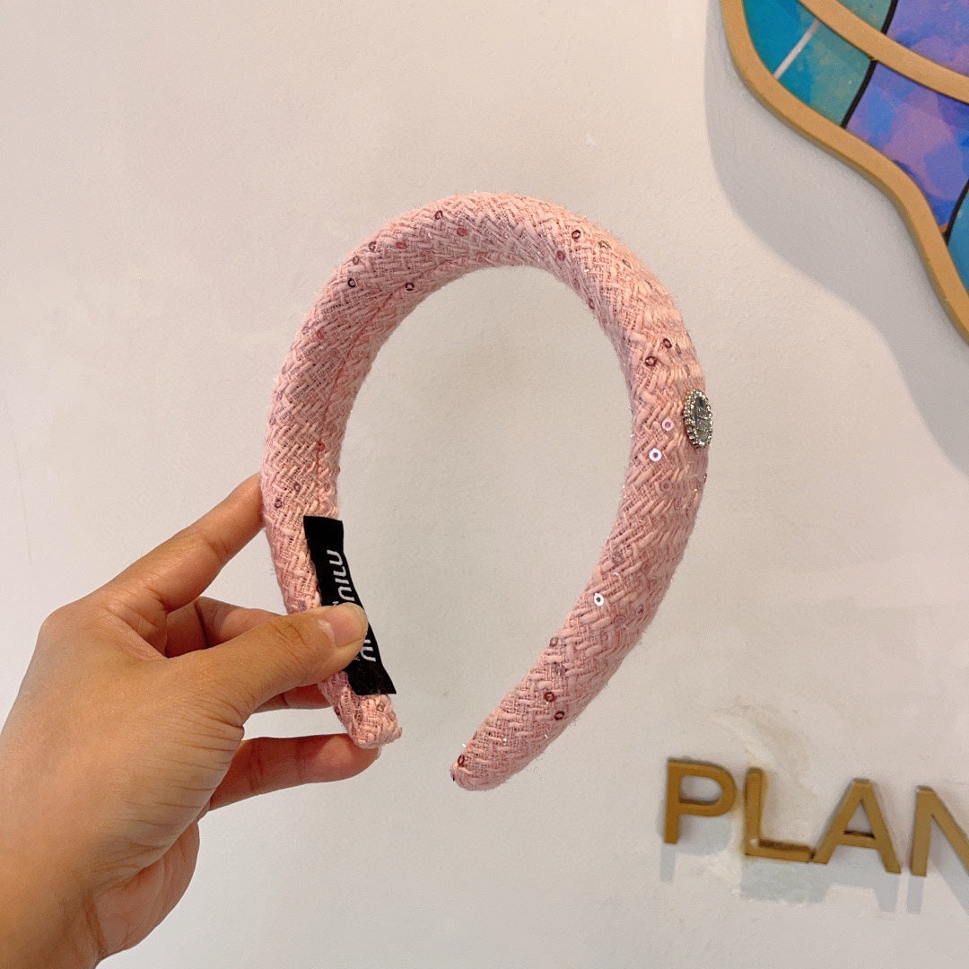 THICK HEADBAND IN PINK TWEED EMBELLISHED SEQUINS 406045