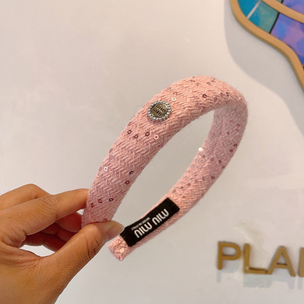 THICK HEADBAND IN PINK TWEED EMBELLISHED SEQUINS 406045