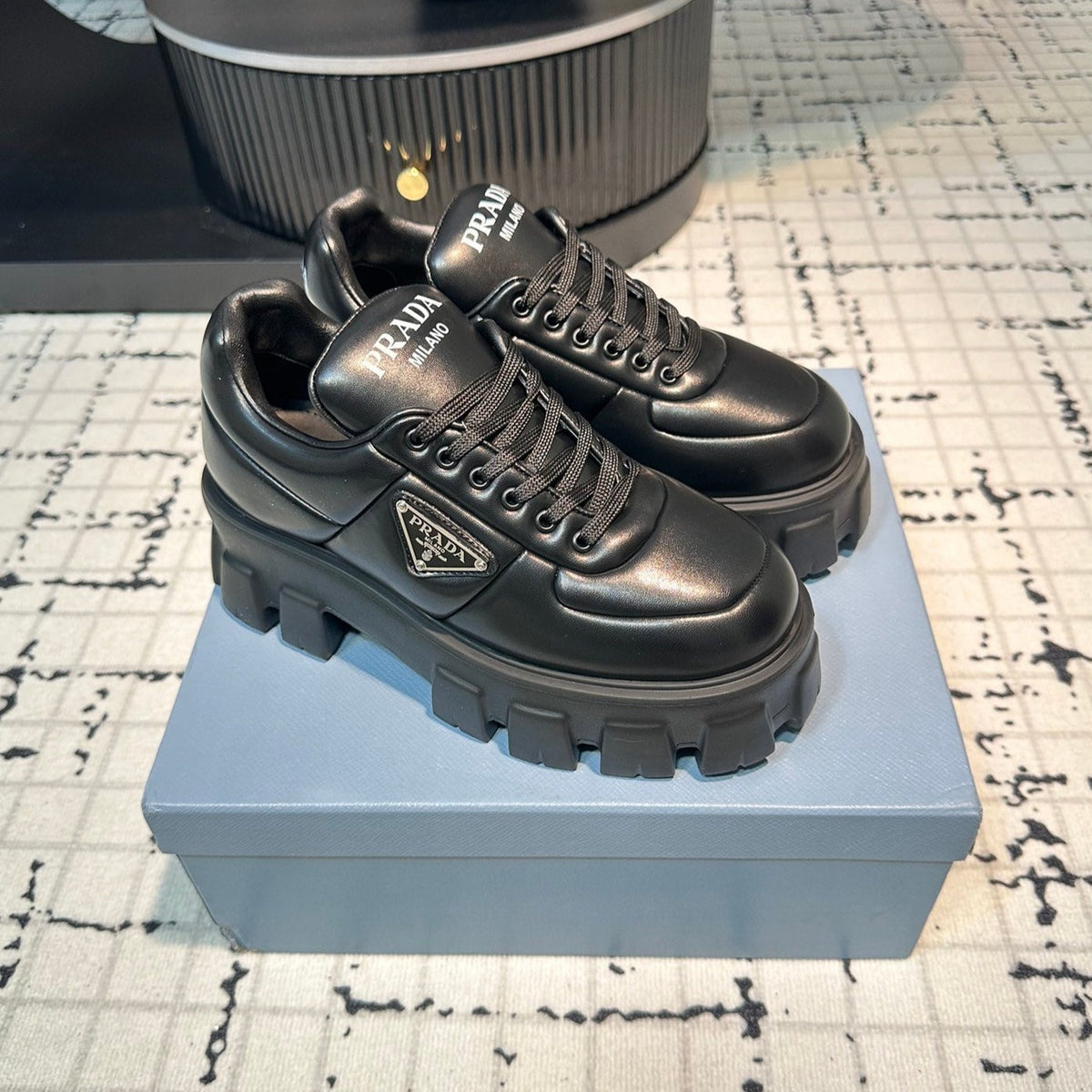 PRADA MONOLITH BRUSHED LACE-UP SHOES BLACK LAMBSKIN