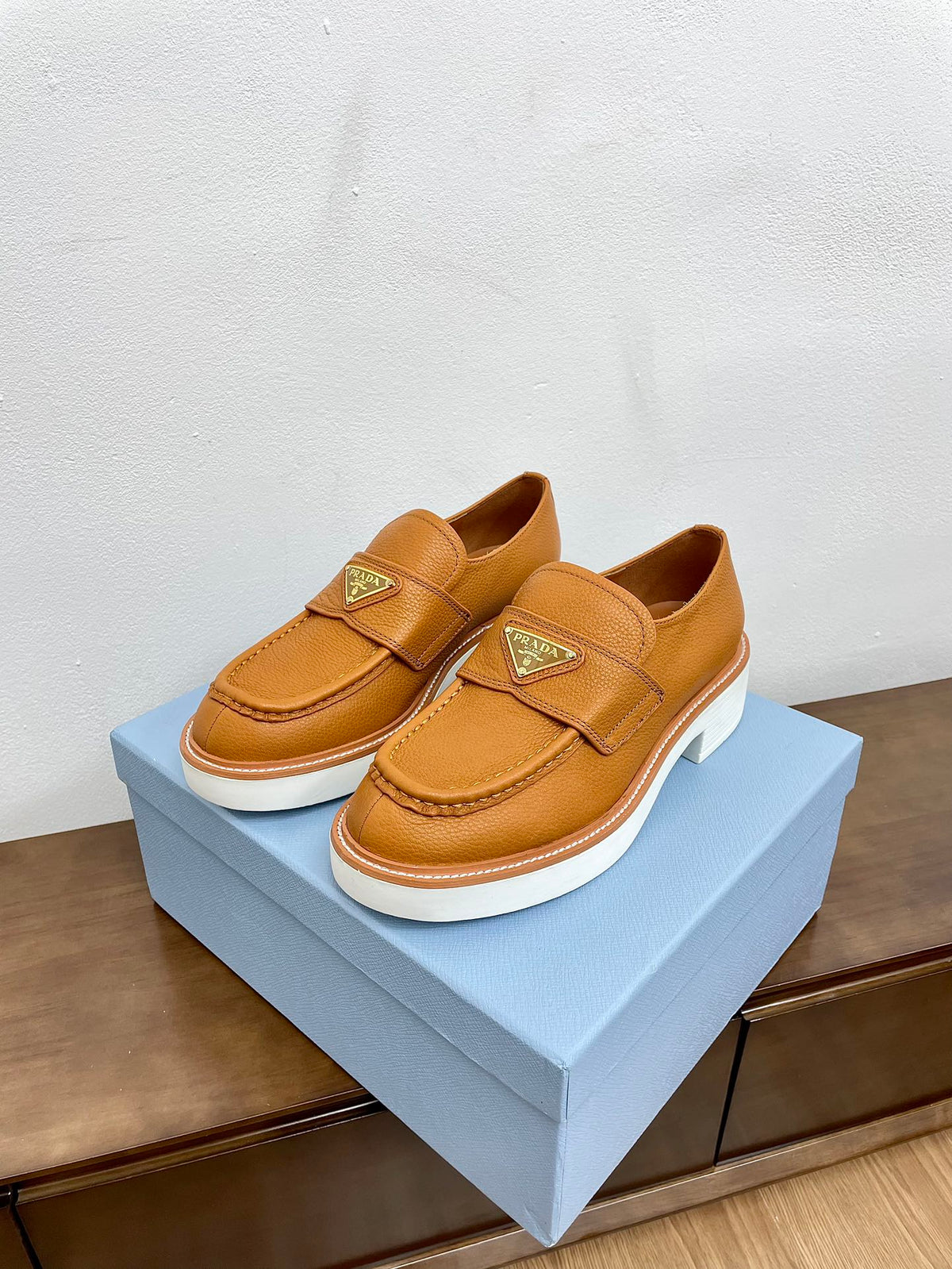 PRADA CHOCOLATE LOAFERS BRONZE CALFSKIN