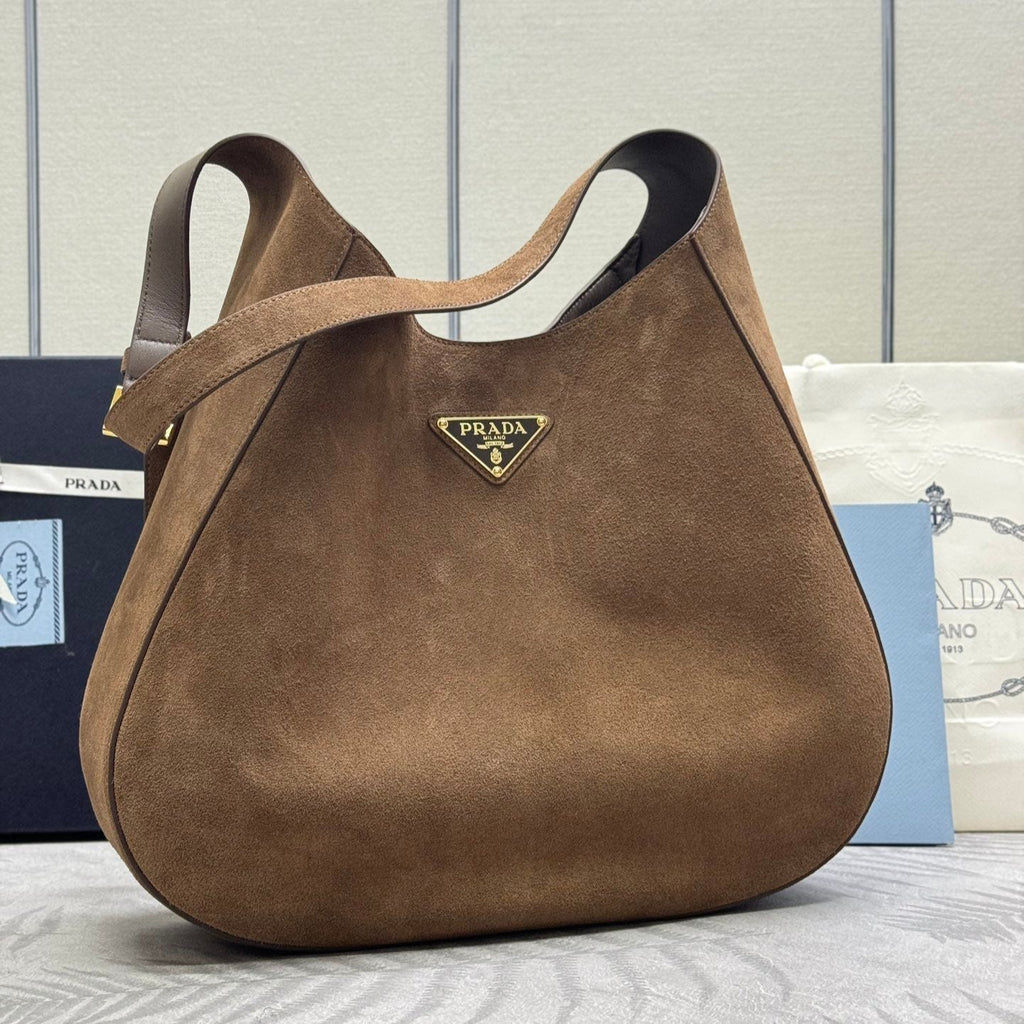 PRADA LARGE SHOULDER BAG 40 IN RUSSET BROWN SUEDE