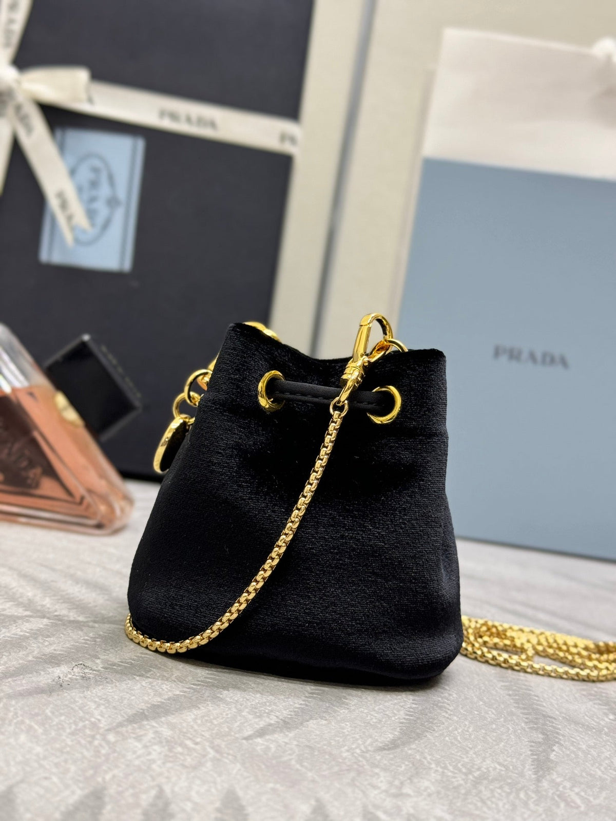 PRADA 25S MINI POUCH 12 IN BLACK VELVET GOLD HARDWRE