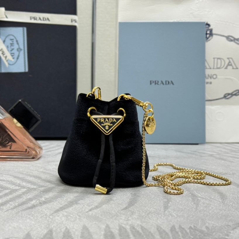 PRADA 25S MINI POUCH 12 IN BLACK VELVET GOLD HARDWRE