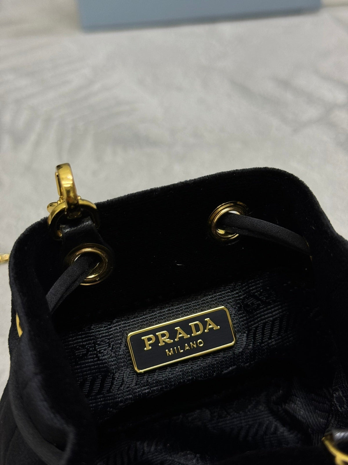 PRADA 25S MINI POUCH 12 IN BLACK VELVET GOLD HARDWRE
